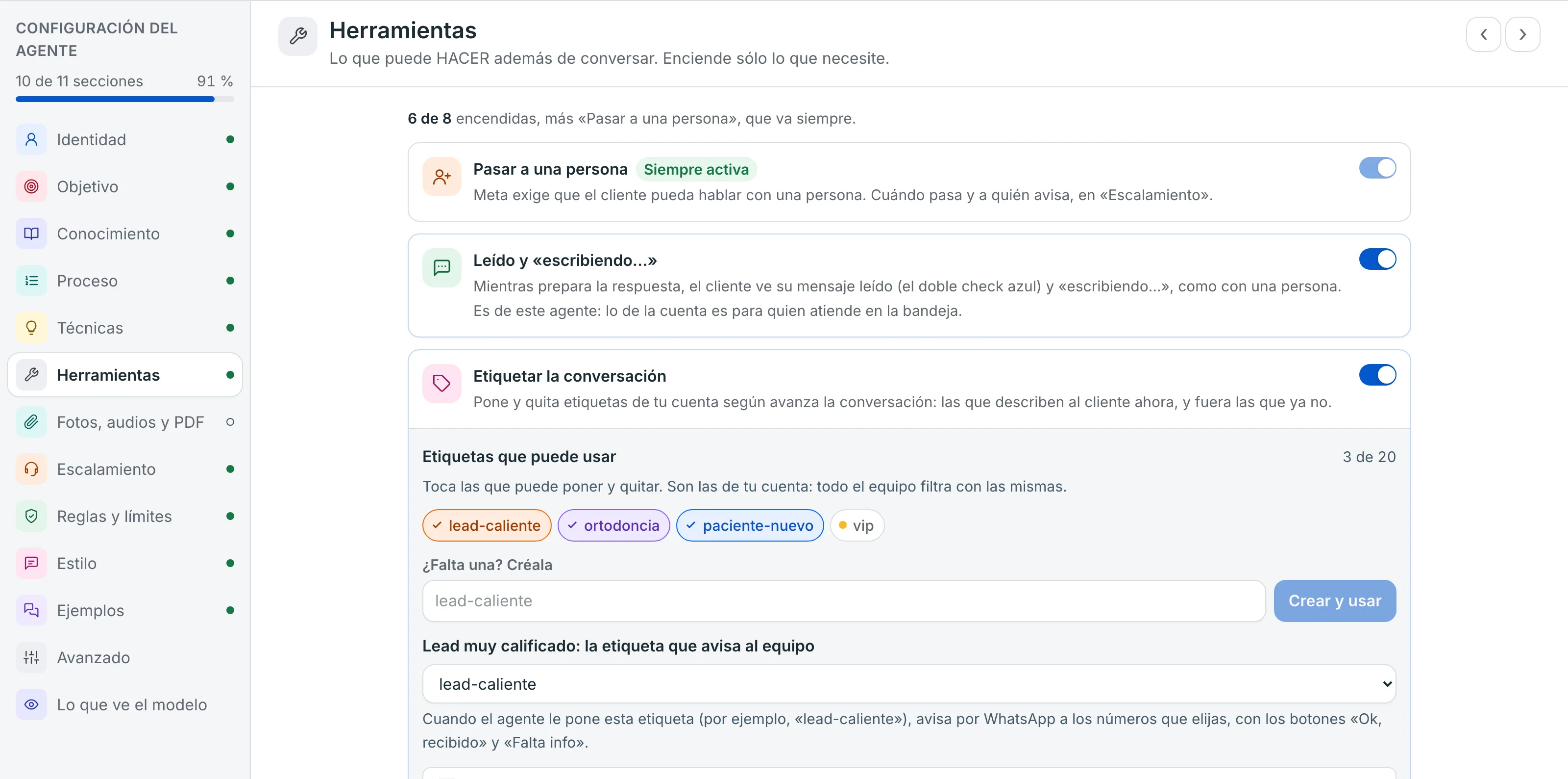 Configuración del agente de IA: herramientas y etiqueta de lead calificado que avisa al equipo